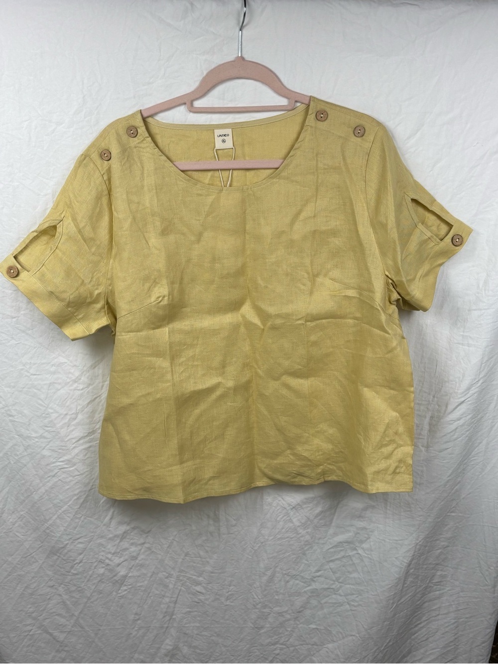 NWT Lintico Yellow Linen-Blend Short Sleeve Button-Shoulder Top XL